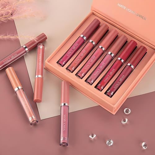 Image of NANCY AJRAM 6Pcs Liquid Matte Nude Lipstick Set - Velvet Waterproof Mini Lipstick Kit for Women, Non-Stick Formula