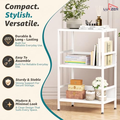 Image of Lukzer 3-Tier Wooden Bedside Table for Bedroom & Multipurpose Open Storage Shelf (MMR-006-White & White) Metal Side Tables for Living Room & Space-Saving Kitchen Organizer Rack (70 x 43 x 30 cm)