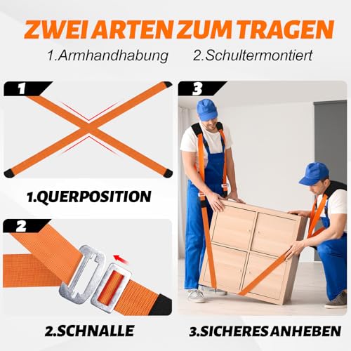 Yirilan 2 Personen Tragegurt, Verstellbare Armhebegurte Tragegurte Umzug mit Schwamm-Weste, Transportieren und Bewegen von Möbeln, Haushaltsgeräten, Matratzen usw, Tragfähigkeit 380 kg (orange)