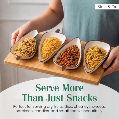 Image of Birch & Co. Ceramic Leaf Serving Platter Set with Wooden Tray - Set of 4 Leaf-Shaped Snack Plates - Serving Tray for Dry Fruits, Sweets, Snacks, Decorative Tableware for Home & Parties, Green