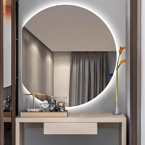 Espejo LED inteligente de media luna para baño, espejo de baño retroiluminado regulable, luz blancaneutracálida, espejo antivaho con botón táctil