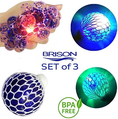 Set-of- 3 Led Anti-Stress Ball - Squishy Light-up Ball - Anti Stress Toys for Kids - Mesh Stress Ball - Grape Ball - DNA Ball - Prime Slime Stress Ball - ADHD Fidget Toys - Net Stress Squishy Ball