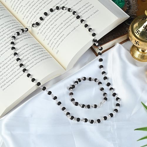 Image of ZAICUS Karungali Mala & Bracelet Combo 54+1 Silver Capped 6mm Beads | Spiritual Black Beads Set for Puja, Jap, Meditation | Unisex Gift Item