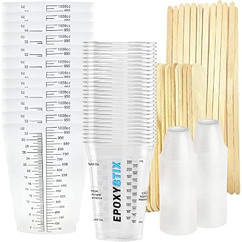 260 Piece EpoxyStix Ultimate Mixing Cup Combo Pack For Epoxy Resin and Paint - Includes (100) 1oz Medicine Cups, (50) 10oz Graduated Cups, (10) 32oz Triangular Cups and (100) Mixing Sticks Cover