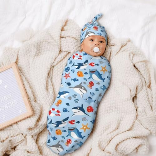 Image of Cartoon Sharks Ocean Newborn Swaddling Blanket Beanie Hat Sets Soft Baby Receiving Funny Blanket Soft Sleeping Bag New Born Soft Sleep Sacks for Boys Girls