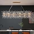 Modern 59" Modern Gold Crystal Firework Chandelier, 18-Light Pendant Light Fixture, Rectangle Linear Sputnik Dandelion Chandeliers for Dining Room Kitchen Living Room