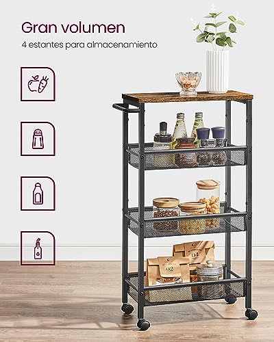 Miniatura 3 de Vasagle Carro De 4 Niveles, Carro Estrecho De Cocina Con Ruedas, Con Asa, Para Espacio Reducido, 22 X 45,4 X 77 Cm, Para Cocina, Baño, Salón, Estudio, Marrón Rústico Y Negro Lrc033b01