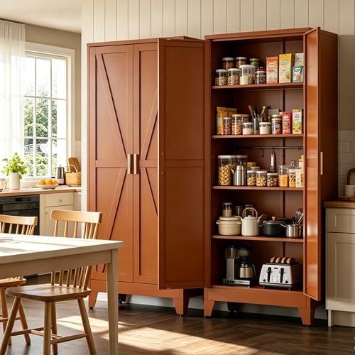 Image of Bevivog Tall Rust Brown Storage Cabinet, 71 inch Metal Pantry Cabinet with 2 Doors and 4 Adjustable Shelves, Industrial Farmhouse Metal Pantry Cabinet for Kitchen Garage