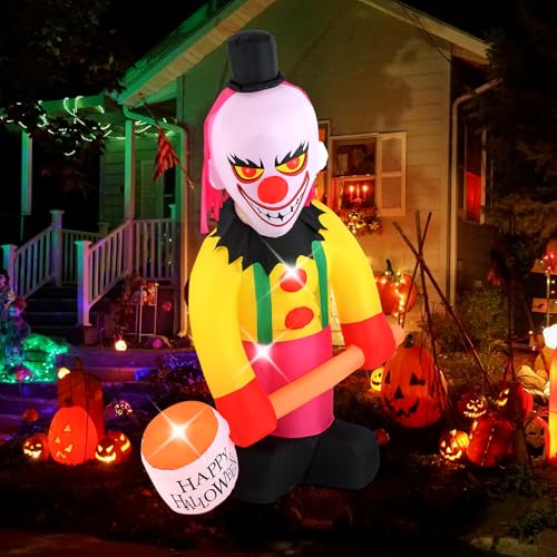 Tangkula 8 FT Inflatable Head Turning Clown, LED Lighted Animated Clown with Hammer & Flashing Eyes, Blow up Giant Halloween Decoration with Stakes & Sandbags for Yard, Lawn
