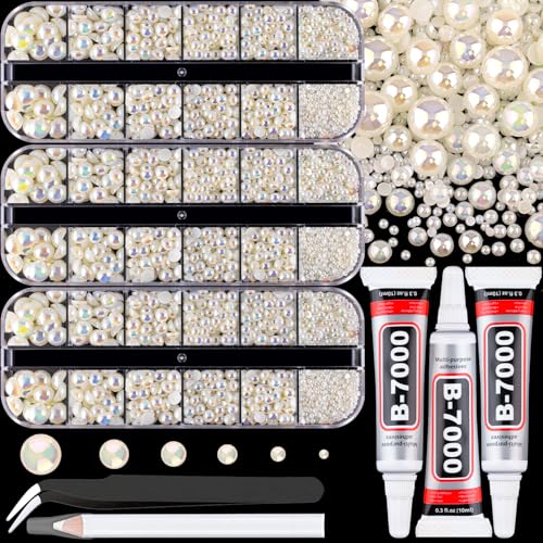 Image of Flatback Pearls for Crafting with 3Pcs 10ml B7000 Jewelry Glue, 3 Boxes of Half Round Beige AB Pearls, Bedazzling Beads for DIY Crafts Clothing Tumblers Shoes Embellishment Nail Art