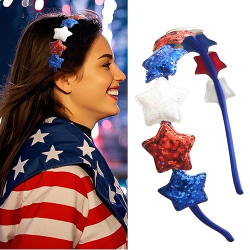 4th of July Stars Headband Glitter Bling Patriotic Headwear Hair Accessories American Flag Headband for Independence Day Red White and Blue Hairband for Women Holiday Supplies