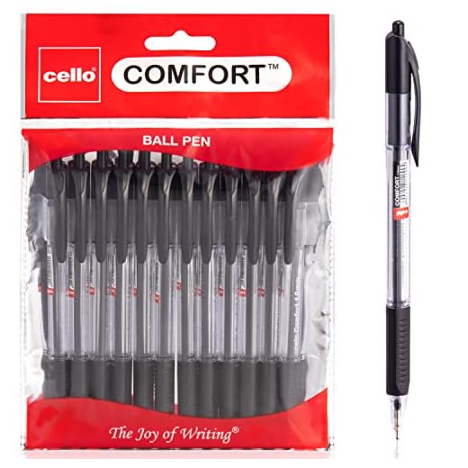 Cello Ballpoint Pen Black Pens Comfort Grip Ball Pens Medium Point Biros,Retractable Ballpoint Pens (1.0MM) Black Pen, Pack of 12 | ideal for office, Home, and School Stationary supplies