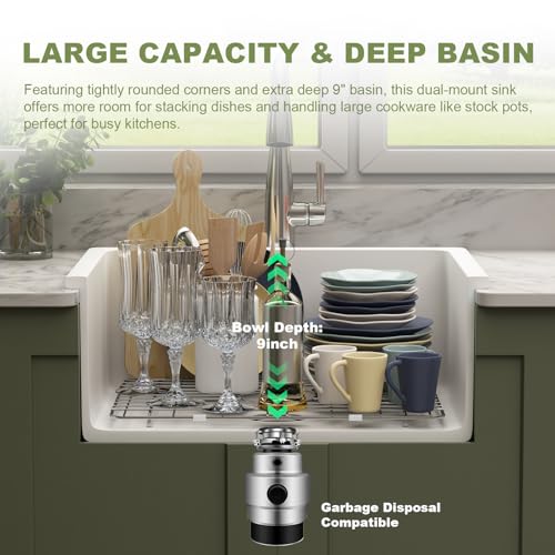 Image of Undermount Kitchen Sink 24 Inch, Small Deep Drop in Bar Sink Topmount, Fireclay Dual Mount White Farm Sink with 2 Accessoried, for Small Kitchen Island & Laundry