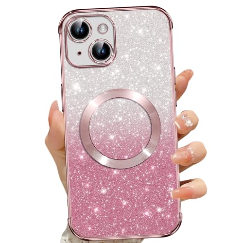 Cover Magnetica per iPhone 14 Plus Glitter Custodia Compatibile con MagSafe Anti Graffi Non Ingiallente Protezione Completa Case 14 Plus con 2 Vetro Temperato rosa