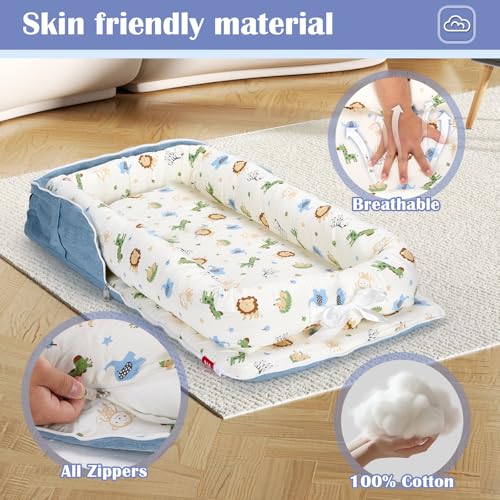 Image of Baby Lounger for Newborn Portable Bag,Baby Nest Play Gym mat with Strap,Newborn Lounger Adjustable Size & Inner Zipper Lengthen Space to 24 Months,Animal World Blue