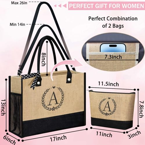 Image of GhvyenntteS Personalized Tote Bags for Women - Initial Jute Tote Bag & Makeup Bag, Birthday Gifts for Women Bridal Wife Mom Grandma Teacher Friend