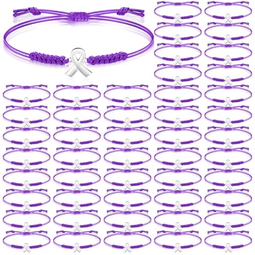 Sasylvia 20/50/120 Pcs Purple Pancreatic Cancer Awareness Bracelets Adjustable Cord Stretch Ribbon Overdose Awareness Bracelets Domestic Violence Cancer Gifts for Women Survivor Jewelry