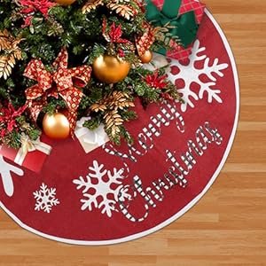 MACTING Christmas Red Tree Skirt 30Inch Small Burlap Tree Mat with White Snowflakes Buffalo Plaid Merry Christmas Printed for Farmhouse Holiday Party Home Indoor Xmas Tree Decorations