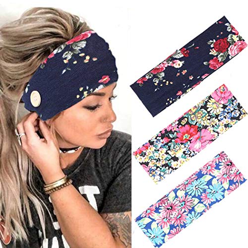 Urieo Boho Button Headbands Black Yoga Elastic Hair Bands Wide Non Slip Head Wraps Holder for Women and Girls (Pack of 3)