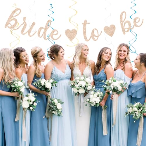 Image of Beige-Champagne-Blue Boho Bachelorette Party-Decorations - 21pcs Women Bridal Shower Banner Garland,Bride To Be Paper Streamers Lanterns,Flower Tissue Pom Poms Fan Favors Wedding Decor Huglony