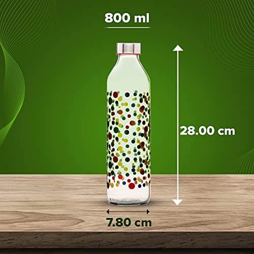 Image of SAND DUNE Set of 6, 800 ml Each Polka Dots Printed Glass water bottle, with Leak-Proof Airtight Stainless-Steel Lid for Water, Smoothie, Juices - Reusable Travel Glass Drinking Fridge Bottles