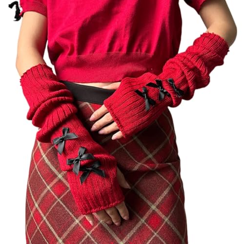CazDopaM Women's Cute Y2K Arm Warmers Kawaii Knitted Arm Sleeve Fashion Gothic Punk Style Fingerless Sleeve (red + black bow)