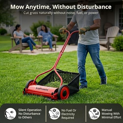 Image of Kraft Seeds 16 Inch Manual Lawn Mower Grass Cutting Machine, 6 Blade Push Reel Mower with Height Adjustable Eco Friendly Garden Grass Cutter Machine