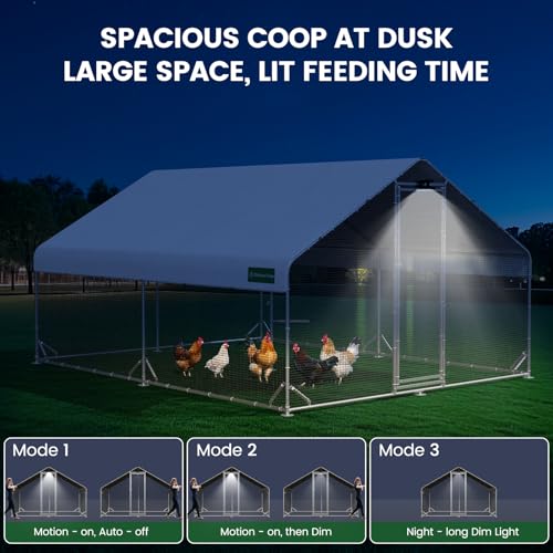 Large Walk-in Metal Chicken Coop with Chicken Run & Hardware Cloth, Solar Light, Waterproof & UV-Resistant Cover, Outdoor Poultry Cage for Farm Use,2 Room
