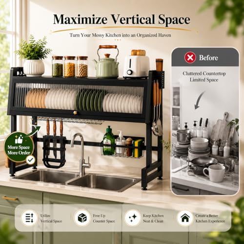Image of COMFYHOME Over the Sink Dish Drying Rack for Kitchen More Sturdy Stable with Lid 105cm, Rust-Proof Durable, Features Knife Rack, Cutting Board Holder, Storage Basket Ideal for Dish Drainer Large Size