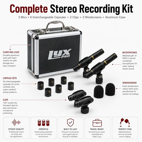 Image of LyxPro SDPC-2 Stereo Pair Small Diaphragm Condenser Microphones, XLR Pencil Mic Set with Omni, Cardioid & Super Cardioid Capsules for Acoustic Guitar, Drums, Piano & Studio Recording