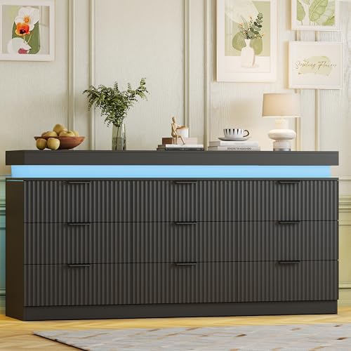 Image of Black Dresser 9 Drawer Dresser with LED Lights and Charging Station, 63 inch Wide Wood Fluted Dresser for Bedroom, Modern Chest of Drawers for Closet Dresser TV Stand for Living Room, Entryway