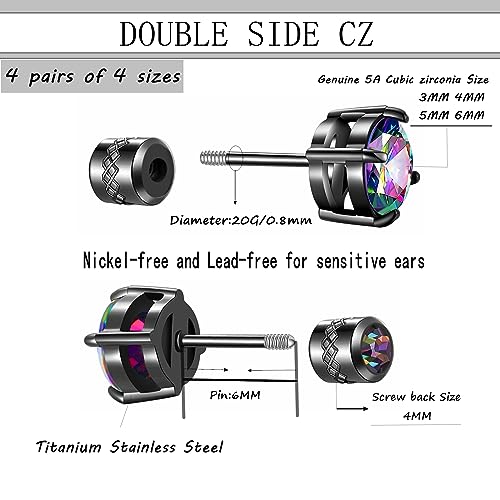 4 Pairs Titanium Hypoallergenic Earrings for Sensitive Ears,Rainbow 5A Cubic Zirconia Screw Back Stud Earrings for Women Men Surgical Stainless Steel Double Side Earrings Piercing Sleeper Studs Jewelry2