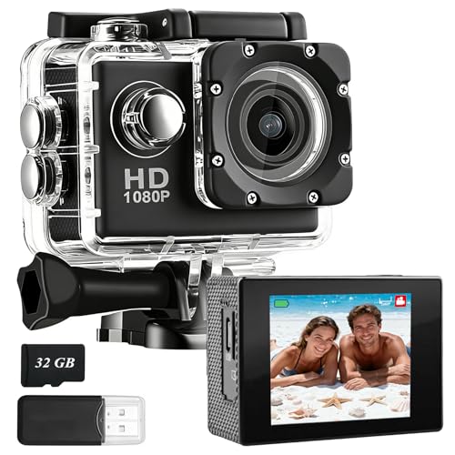 PQETBV Caméra Sport 1080P avec Carte Mémoire 32GB, Etanche 30M Caméra sous-Marine Grand Angle, avec Deux Piles Rechargeables 900 mAh Camera Sport et Kit...