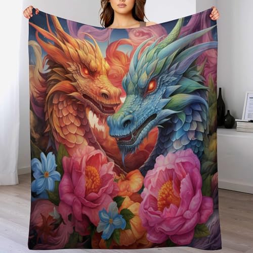 Couverture en polaire légère toutes saisons, plaid flannel motif dragon 100x130cm