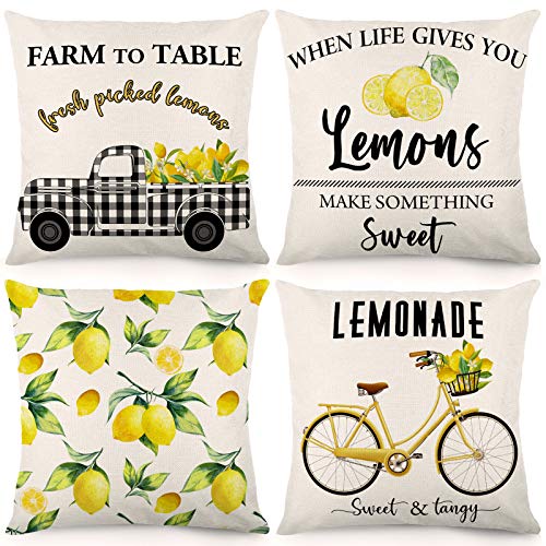 CDWERD Summer Lemon Pillow Covers 18x18 Inches Set of 4 Buffalo Check Summer Outdoor Decorations Farmhouse Throw Pillowcase Linen Cushion Case Home Decor for Spring Summer