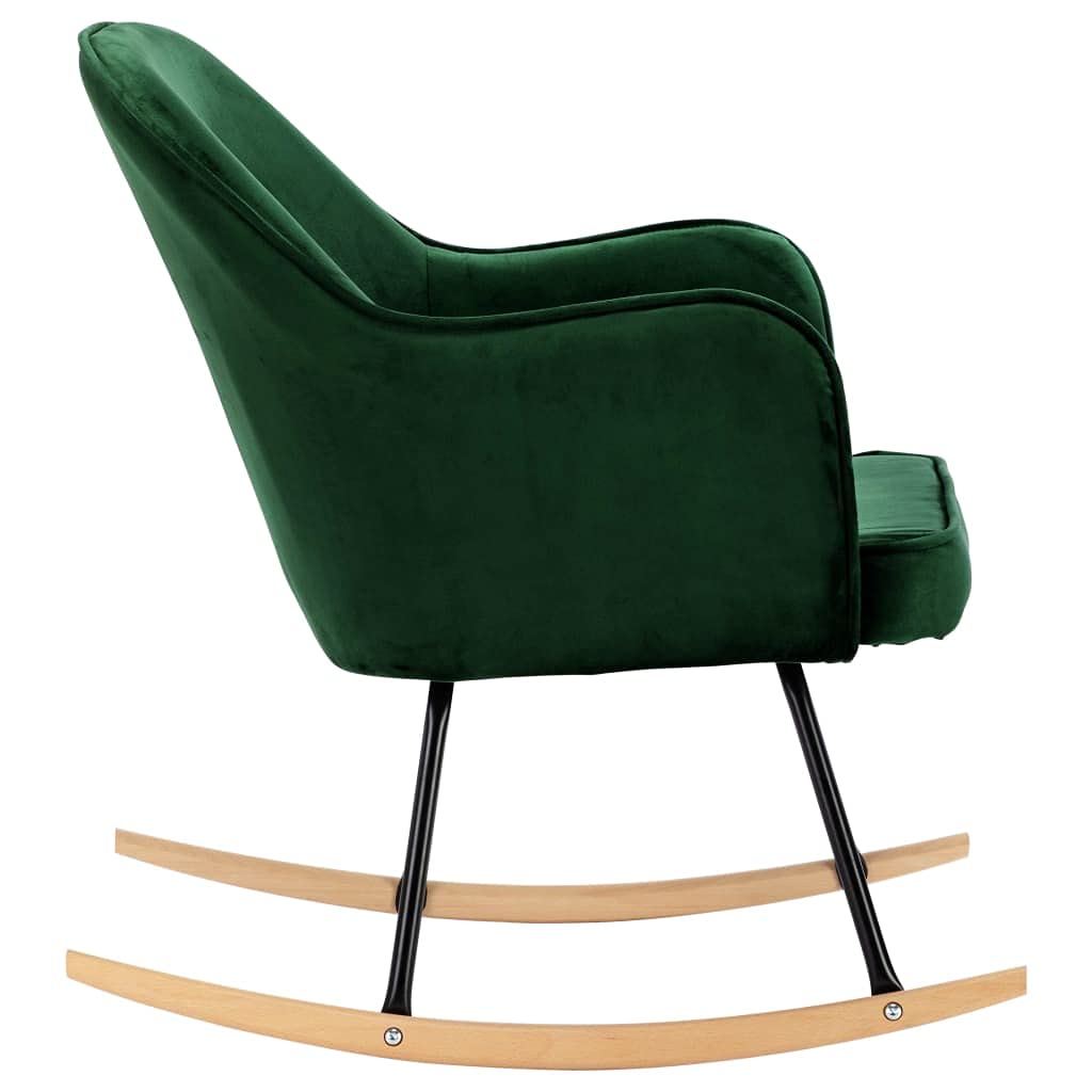 Mecedora de terciopelo verde oscuro con patas de madera de haya y estructura de hierro, función basculante y asiento acolchado para salón, dormitorio, habitación de bebé, relajación y