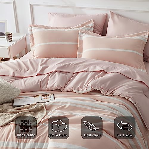Image of Bedsure Full Comforter Set 7 Pieces, Light Pink Striped Bedding Set for All Seasons, Reversible, Cationic Dyeing Bed in a Bag with Comforter, Sheets, Pillowcases & Shams