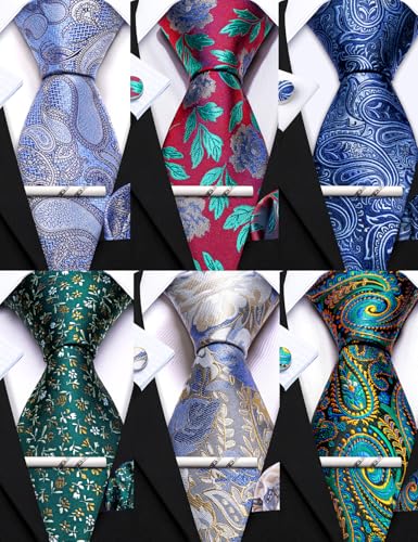 Image of Barry.Wang 6 PCS Men Ties Set Silk Business Fashion Woven Necktie Handkerchief Cufflinks Paisley Stripe Wedding Party