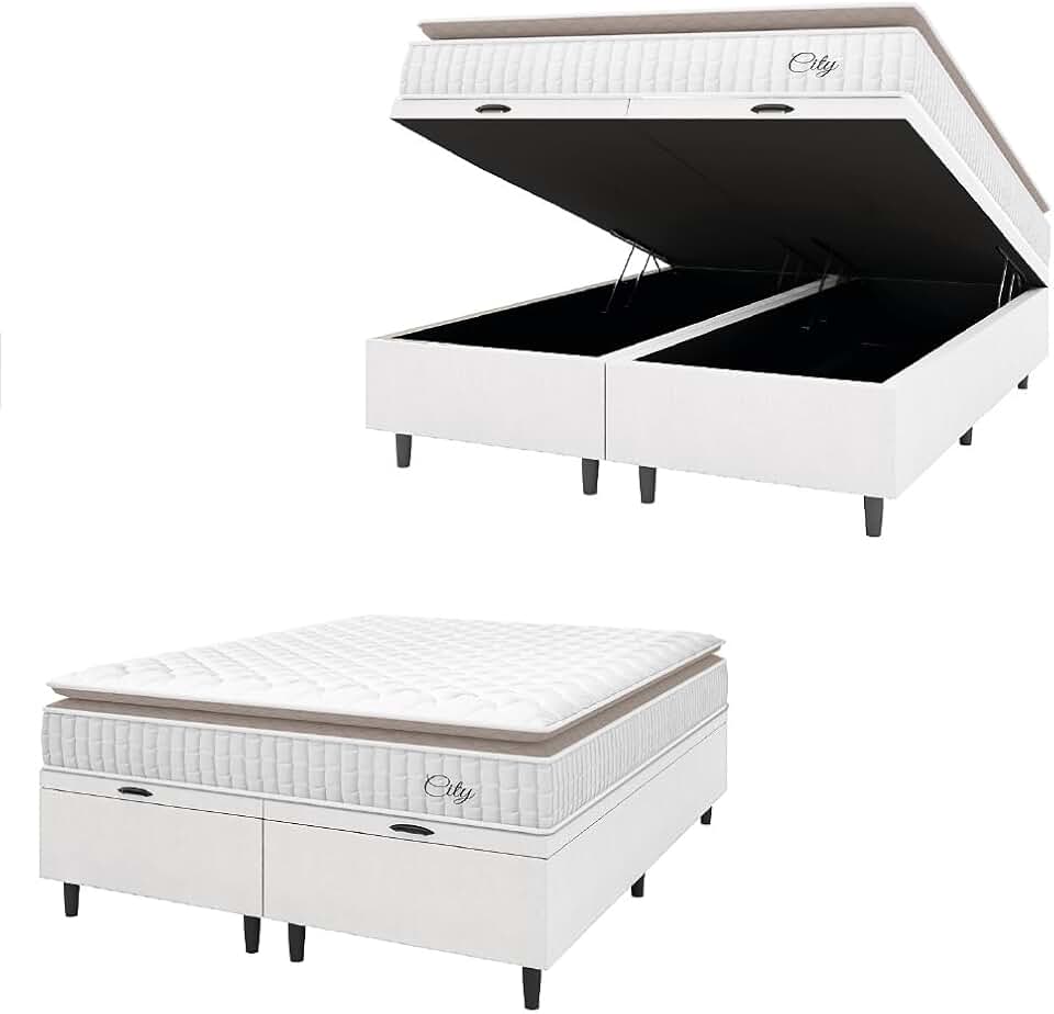Cama Box Colchão Baú Casal Queen Molas Ensacadas City Pillow Top 158x198x64cm Linho Branco/Bege Hellen - Suporta até 110kg por Pessoa