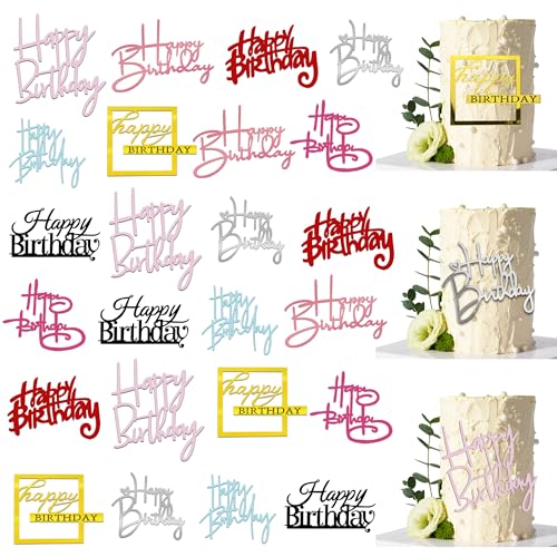 24 PCS Happy Birthday Cake Toppers Mirror Acrylic Cake Topper Side Cake Decorations in 8 Colors Black Silver Gold Rose Gold Pink Rose Red Blue Red Ideal Birthday Party Supplies 8 Styles