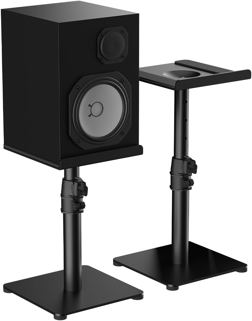 Suptek Desktop Speaker Stand Set, 9.6 x 8.8 inch Trays, 12-18" Height Adjustment and Tilt, Large Audio Holders for Computer and Bookshelf Speakers, Elevated Sound, 2 Pack, Black, SDM001TH