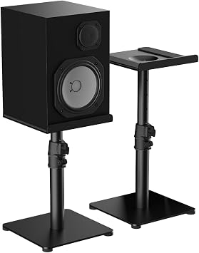 Suptek Desktop Speaker Stand Set, 9.6 x 8.8 inch Trays, 12-18" Height Adjustment and Tilt, Large Audio Holders for Computer and Bookshelf Speakers, Elevated Sound, 2 Pack, Black, SDM001TH