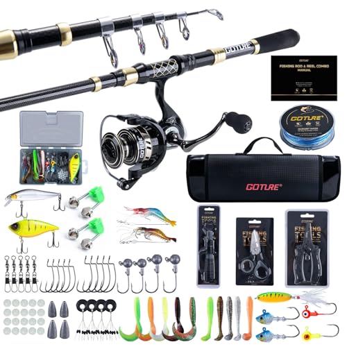 Goture 釣りセット 投げ竿 シーバスロッド 1.8m スピニングリール3000番付属 66枚ルアー+32種小物完備 初心者向け 伸縮式 超軽量 防水収納バッグと日本語説明書付き 携行性 振出タイプ 投げ釣り 防波堤 湖 川 淡水 海 ちょい投げ釣り