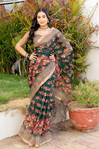 Image of MIRCHI FASHION Kota Doria Cotton Saree with Blouse Piece | Leaf Floral Printed Saree for Women | Traditional Ethnic Daily Wear Summer Saree
