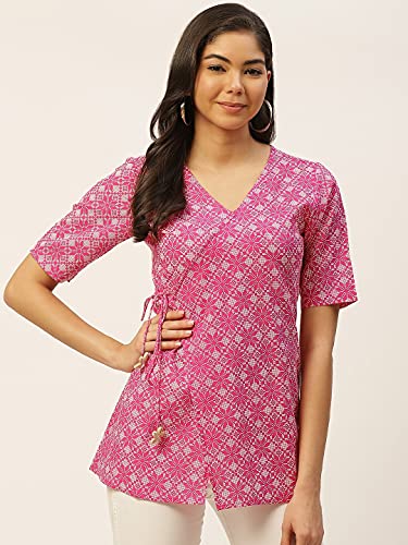 Image of COTLAND Fashions Jaipuri Cotton Angrakha Style Top for Women (Partial Open) (Taffy Pink)