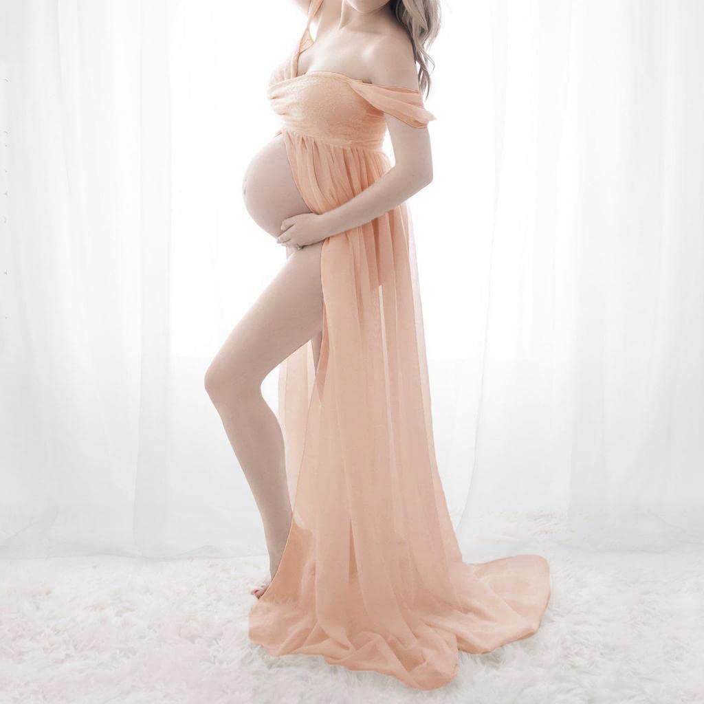 Robe de Maternité Longue Maxi à épaules Dénudées, Accessoire Photo, Rose, S