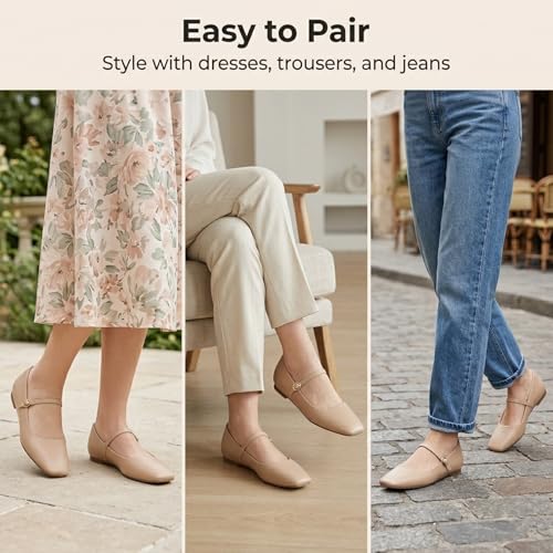Image of MUSSHOE Square Toe Mary Jane Flats for Women: Comfortable Non-Slip Dressy Business Casual Shoes with Adjustable Strap for Office Work