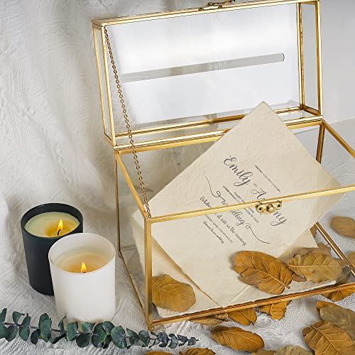 Redhugo 10X5.5X7.7 Inches Gold Glass Card Box Handmade With Slot, Wedding Card Boxes For Reception, Graduation, Gift Cards, Party, Brass Geometric Terrarium, Golden Decorative Box, Medium #TOP3