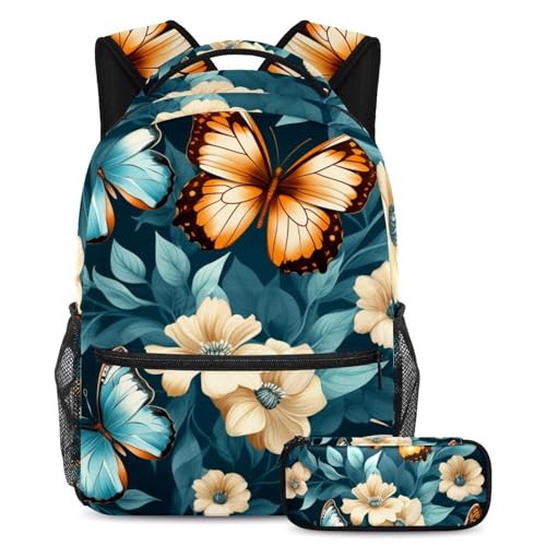 Sac à dos avec trousse à crayons pour adolescents sac de voyage fleurs et papillons