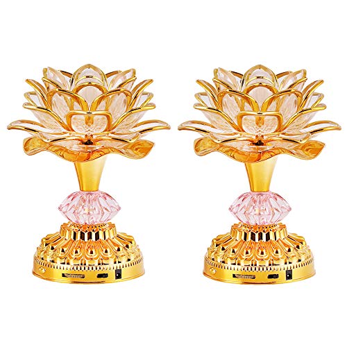 RAYWILL 蓮花 仏花 蓮の花 仏具 ロータス 蓮 造花 LED 7色変化 2個セット 2WAY給電対応 はすはな 仏壇 仏具 仏前 法事 法要 お盆 命日 飾り 照明一対 (Golden)